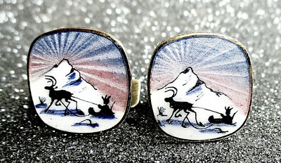 Boutons De Manchette Vintage AKSEL HOLMSEN - Argent Sterling 925 & émail - Thème Aurore Boréale & Traîneau - Années 60