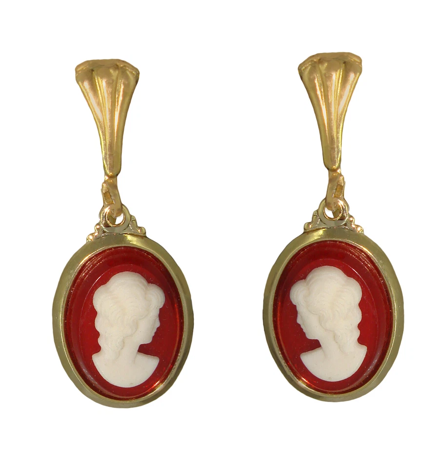 Gold Tone Red White Cameo Woman Oval Dangle Clip On Earrings 1 1/4" - Image 2 of 4