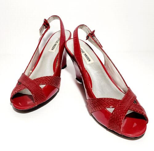 Steve Madden Mona Vintage Women Wedges Shoes Sz 39 Red Open Toe Slingback Strap - Picture 2 of 7