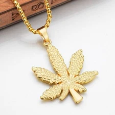 Gold Marijuana Weed Pendant Necklace - Hemp Leaf Cannabis - Gift, Smoker, Stoner