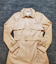 Cole Haan Pink Nude Medium Long Belted Jacket Removable Hood Zips & Snaps Lined