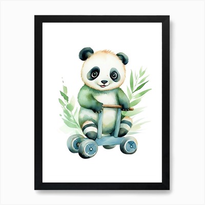 Baby Panda auf einem Spielzeugauto, Aquarell gerahmtes Wandbild Poster Leinwanddruck Bild