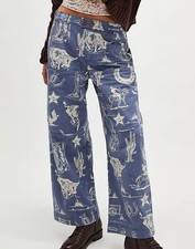 FREE PEOPLE Seaside Pull On Pants Sz M Indigo Blue White Rodeo Graphic Cotton