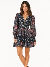 LoveShackFancy Black Floral Paris Ruffle Tiered Long Puff Sleeve Mini Dress Sz 4