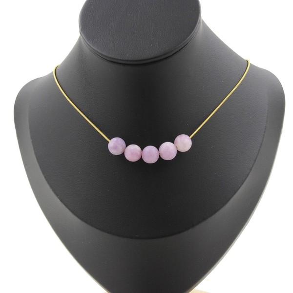 Halskette 5 Perlen Glimmer Violett Matt 8 Mm. Kette Stahl Golden Edelstahl-image