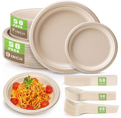 Juego vajilla desechable compostable 250 piezas con platos y cubiertos eco,Nuevo