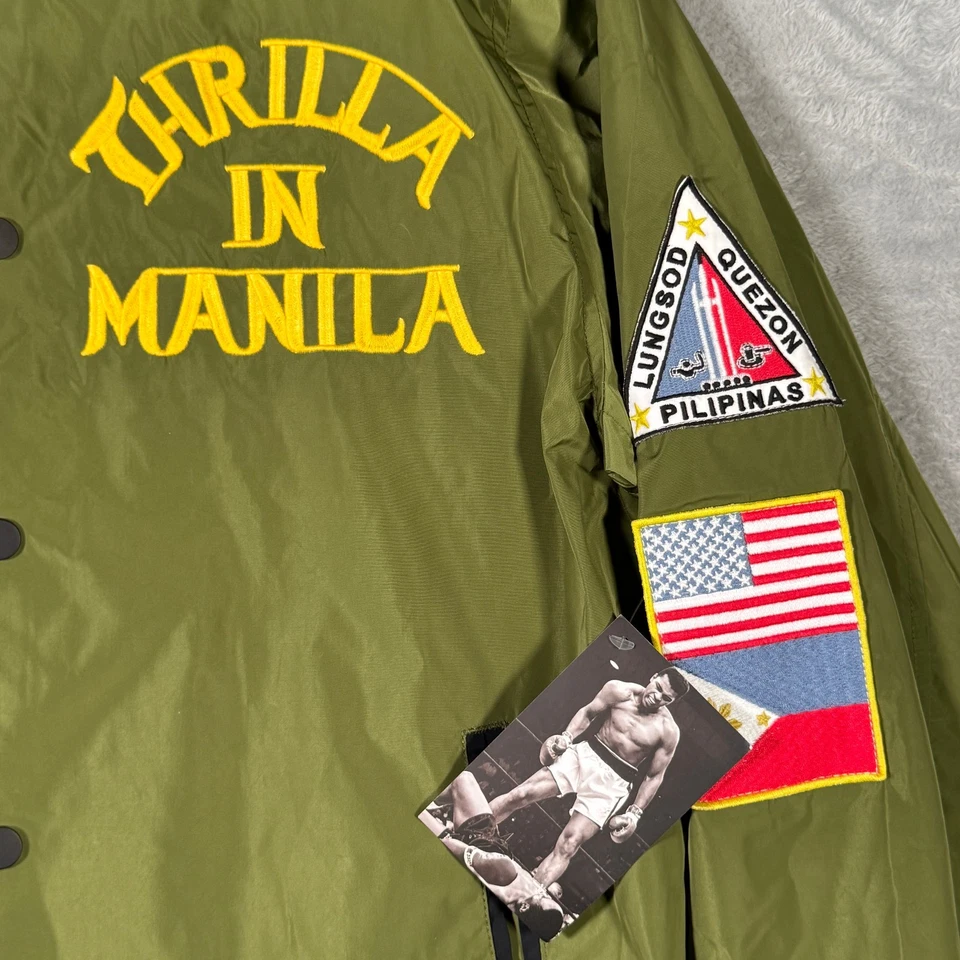 Chaqueta Roots of Fight Para Hombre M Verde Ali Frazier Thrilla en Manila Bombardero RARA Foto 3 de 4