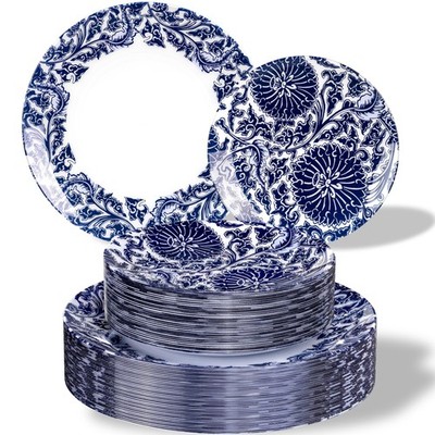 60pcs Plastic Disposable Plates Set - Blue Dandelion & Blue Leaf Pattern, 10....