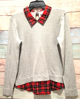 J.Crew Women's Tartan Plaid Woven Collar Sweater Gray Heather Dove Small