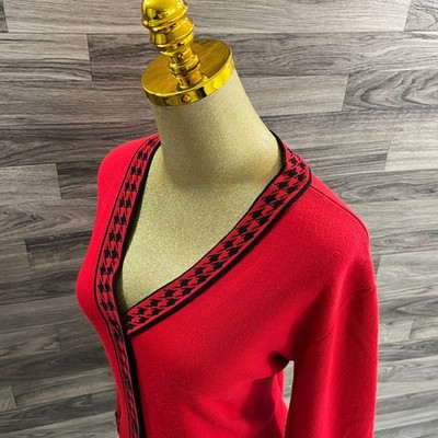 KAREN LESSLY Button Down V-Neck RED CAMEL Cardigan Knit Sweater Women's Size M