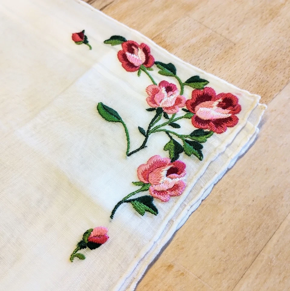 Lote de 4 Pañuelos Vintage Cuadrados Blancos Bordados Italianos Florales Pájaros Foto 2 de 4