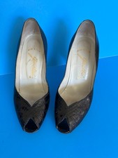 Vtg Garolini Black Leather Textured Flower Peep Toe Pumps Shoes Womens 5M Italy