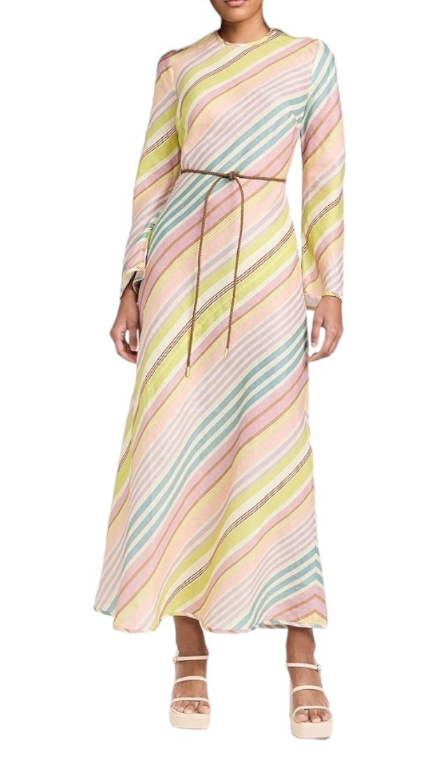 Zimmermann Halliday Bias Long Dress | Multi Stripe, Linen, Belt, Long Sleeve