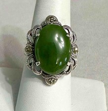 Marked TH Sterling Silver Dark Green Nephrite Jade Ring w Marcasite  Sz.7.5