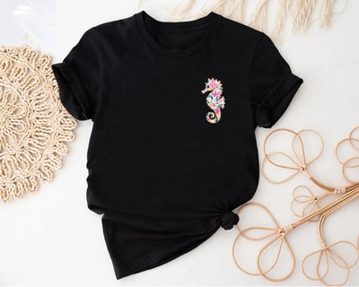 Floral Seahorse Shirt,Summer Vibes Tee,Girls Beach TShirt,Summer Vacation Shirt