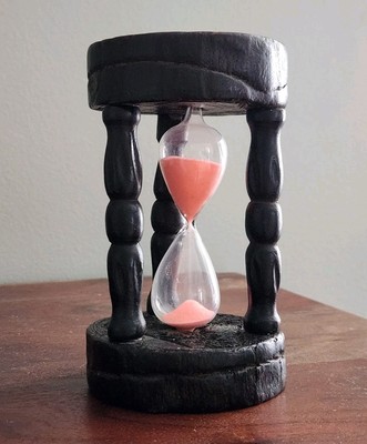 Hourglass Hand-Carved Wood & Glass 5½'' Pink Sand  Vintage 5 Minute Timer 70s