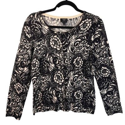 Talbots Petites Sweater Cardigan M Pure Italian Merino Black Floral Cottagecore