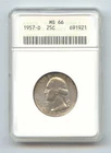 1957-D Washington Quarter, Old Small White ANACS Holder, MS-66