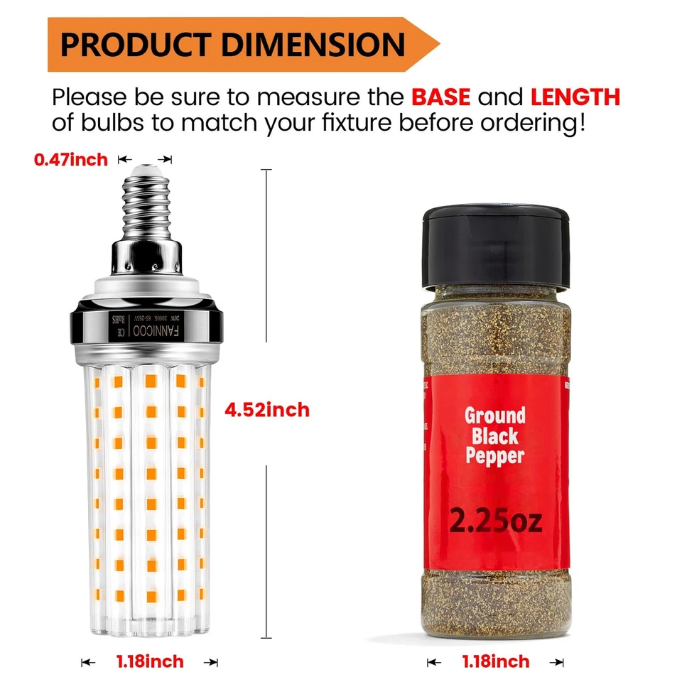 E12 LED Bulb 6pcs 20W Warm White Non-Dimmable 2500 Lumen for Home - Image 2 of 4