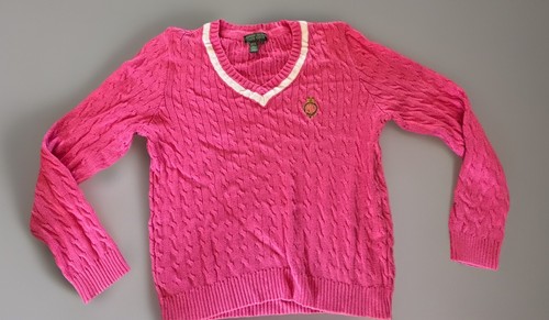 Ralph Lauren Active Womens Large Pink Cable Knit V Neck Cotton Sweater Vintage - Picture 2 of 8