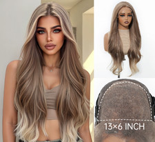 Long Human Hair Blend Full Lace Front Wig Heat OK Wigs Natural Wavy Rooted Soft