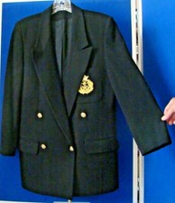 EUC Double Breasted MILITARY BLAZER Black w. EMBLEM METAL Buttons Sz 8 USA