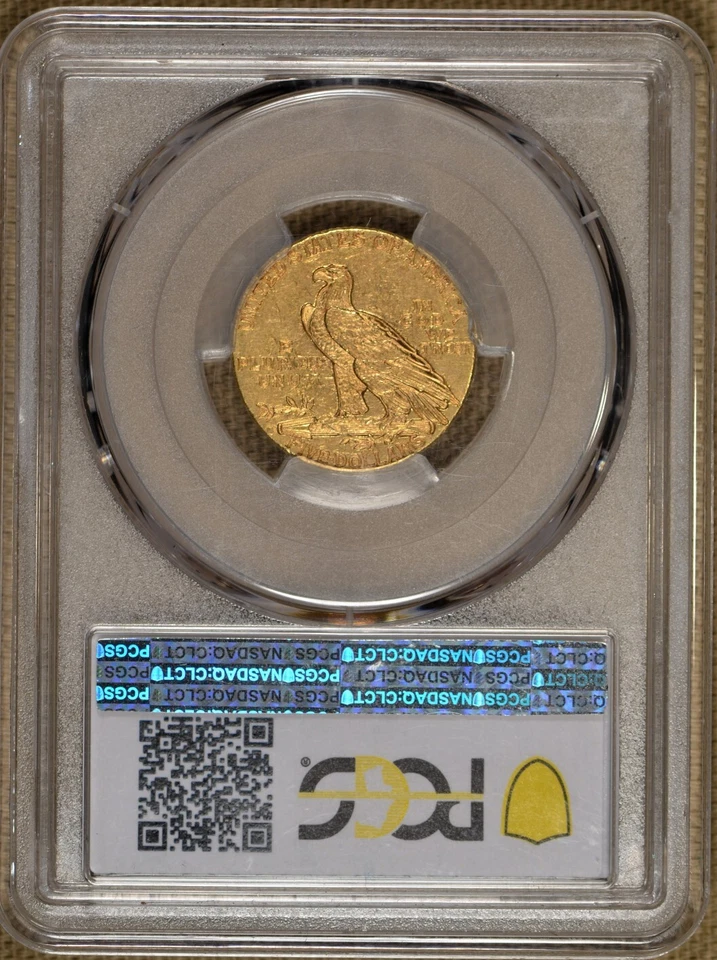 1913-S $5 Indian Head Half Eagle "Error"  PCGS AU55 CAC Wire Struck-Thru date - Image 2 of 3