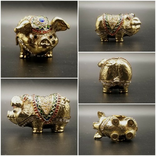 Enameled 10k Gold Plated Hinged Lid Trinket Box Bejeweled Pig with Piglets - Picture 16 of 19