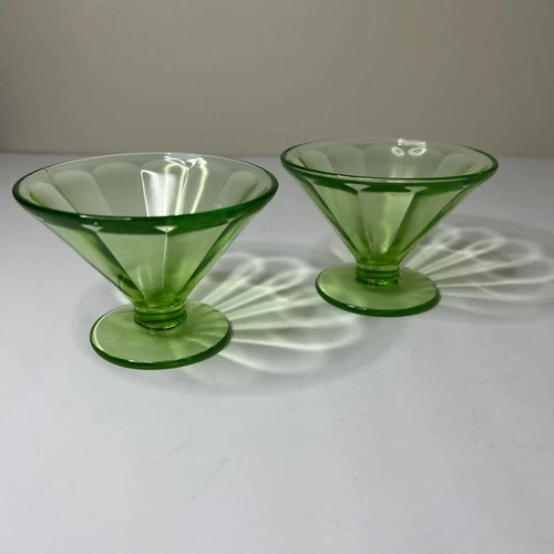 Vintage Federal Green Vaseline Uranium Depression Glass Sherbet Cups (Set of 2)