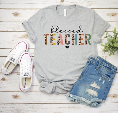 NEW! Blessed Teacher Half Leopard Cheetah Design T-shirts Sweatshirts S-3XL