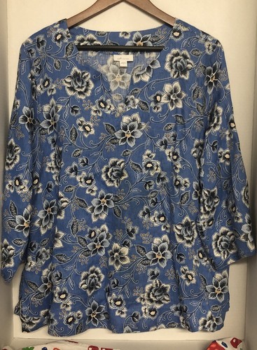 Camicia blusa J. Jill Love 100% lino blu floreale manica 3/4 scollo a V taglia L