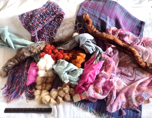 EIGHT (8) WOMEN'S SCARVES w/Hanger, PELLA NOVA Fur, Lightweight, Fringed, Knit - Picture 1 of 15