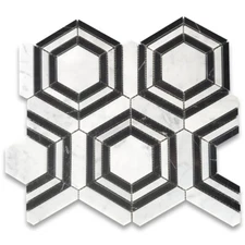 C33AXP Carrara White Marble Hexagon Georama Geometric Strip Tile Polished
