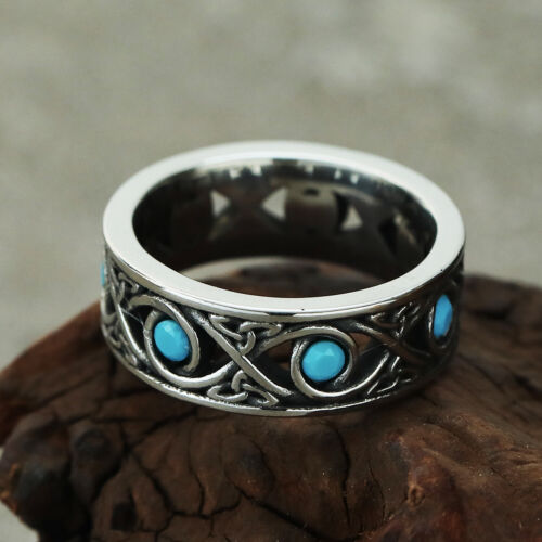Retro Viking Celtic Knot Turquoise Wedding Bands Ring Stainless Steel Size 7-13 - Picture 1 of 4