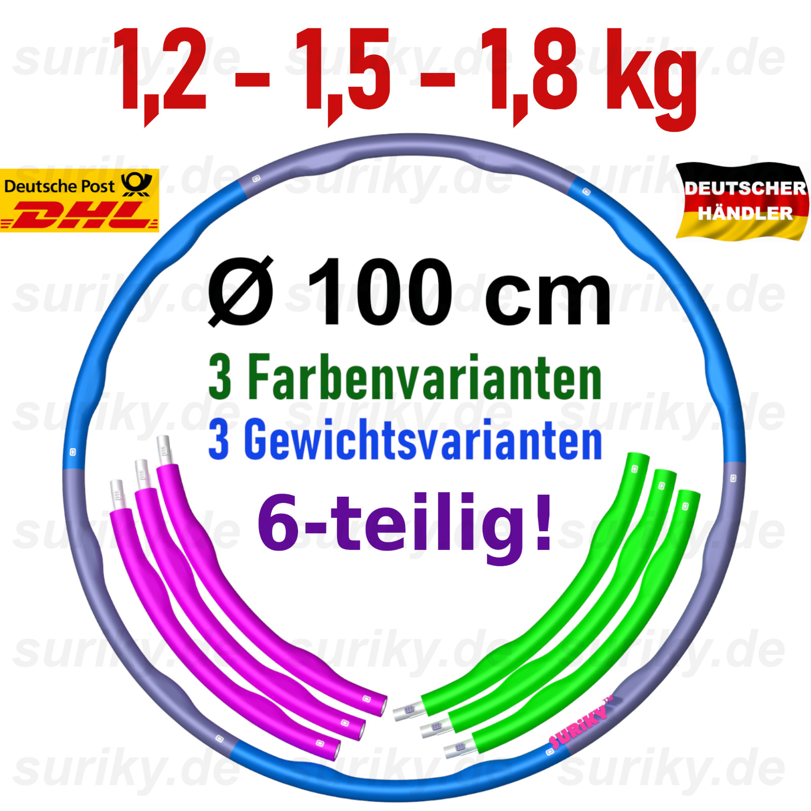 Hula Hoop Reifen 1,2-1,5-1,8kg Ø100cm 6-tlg dauerhaft robust Fitness DE-Verkäuf.