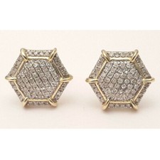 Mens Ladies Yellow Gold Plated Simulated Diamond Studs Concave Kite Pave Earring