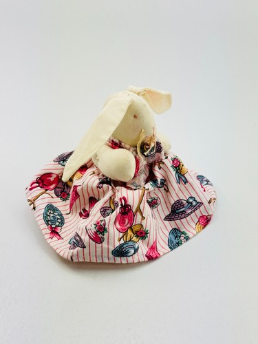 Vintage Handcrafted White Bunny Rabbit Hat Theme Dress Rag Articulating 7"T Doll - Picture 4 of 6