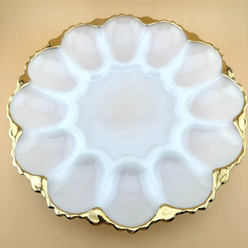 Anchor Hocking Deviled Egg Dish Vintage Fire King Milk Glass Gold Trim Fast Ship