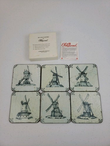 COASTERS BARWARE PIMPERNEL MADE IN ENGLAND BLUE WHITE DISTRESSED LOOK WINDMILLS - Picture 2 of 12