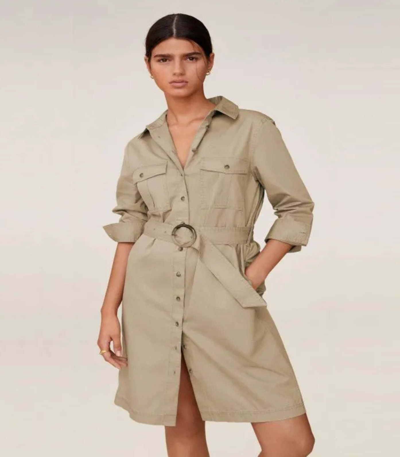 Mango Shirt Dress Women’s Size 4 Beige Robe Chemisier Belted Long Sleeve