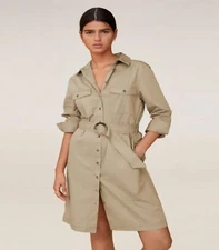 Mango Shirt Dress Women’s Size 4 Beige Robe Chemisier Belted Long Sleeve
