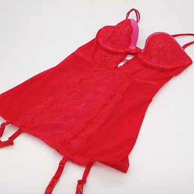 Victoria's Secret Slip Womens 34C Rhinestone Push-Up Mesh Lace Garter Red Pink