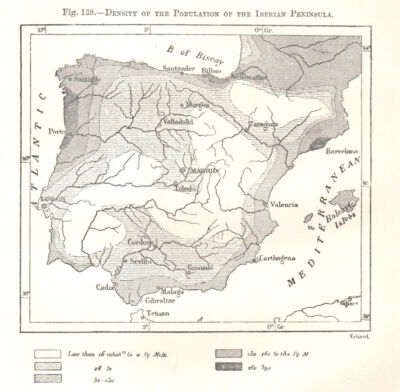 Bevölkerungsdichte der Iberischen Halbinsel. Spanien Portugal. Skizzenkarte 1885