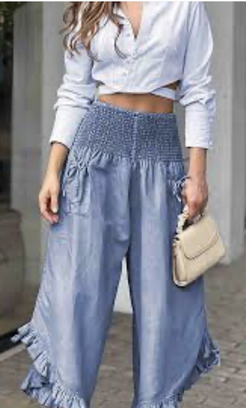 Blue Wide-Leg Elastic Waist Pants with Drawstring Ruffle Hem Front Pockets Size M