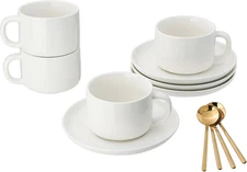 Coffee Cups and Saucers Set of 4 with Stainless Steel Spoons, 8Oz Ceramic Cappuc