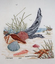VINTAGE COMPLETED CROSS STITCH PANEL BEACH SEA SHELLS SEASHORE OCEAN DRIFTWOOD