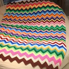 Vintage Handmade Chevron Crocheted Afghan Couch Blanket Grannycore Fall Cozy