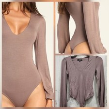 LULUS Kaylene Taupe V Neck Long Balloon Sleeve Bodysuit Size SMALL NWOT 