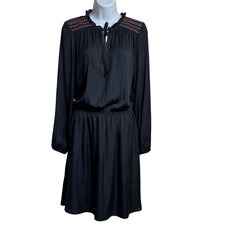 GAP Black Embroidered Neckline Long Sleeve Smocked Waist Dress Size S boho