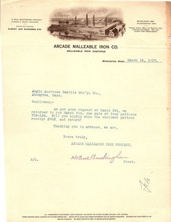 1917 Arcade Malleable Iron Co. factory letterhead Worcester